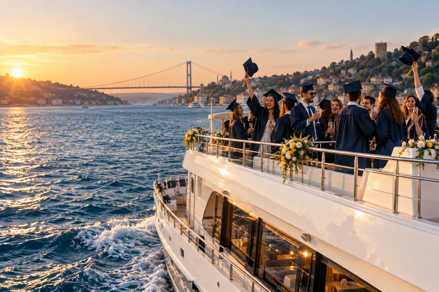 İstanbul Boğazı’nda teknede mezuniyet kutlaması için temsili konsept